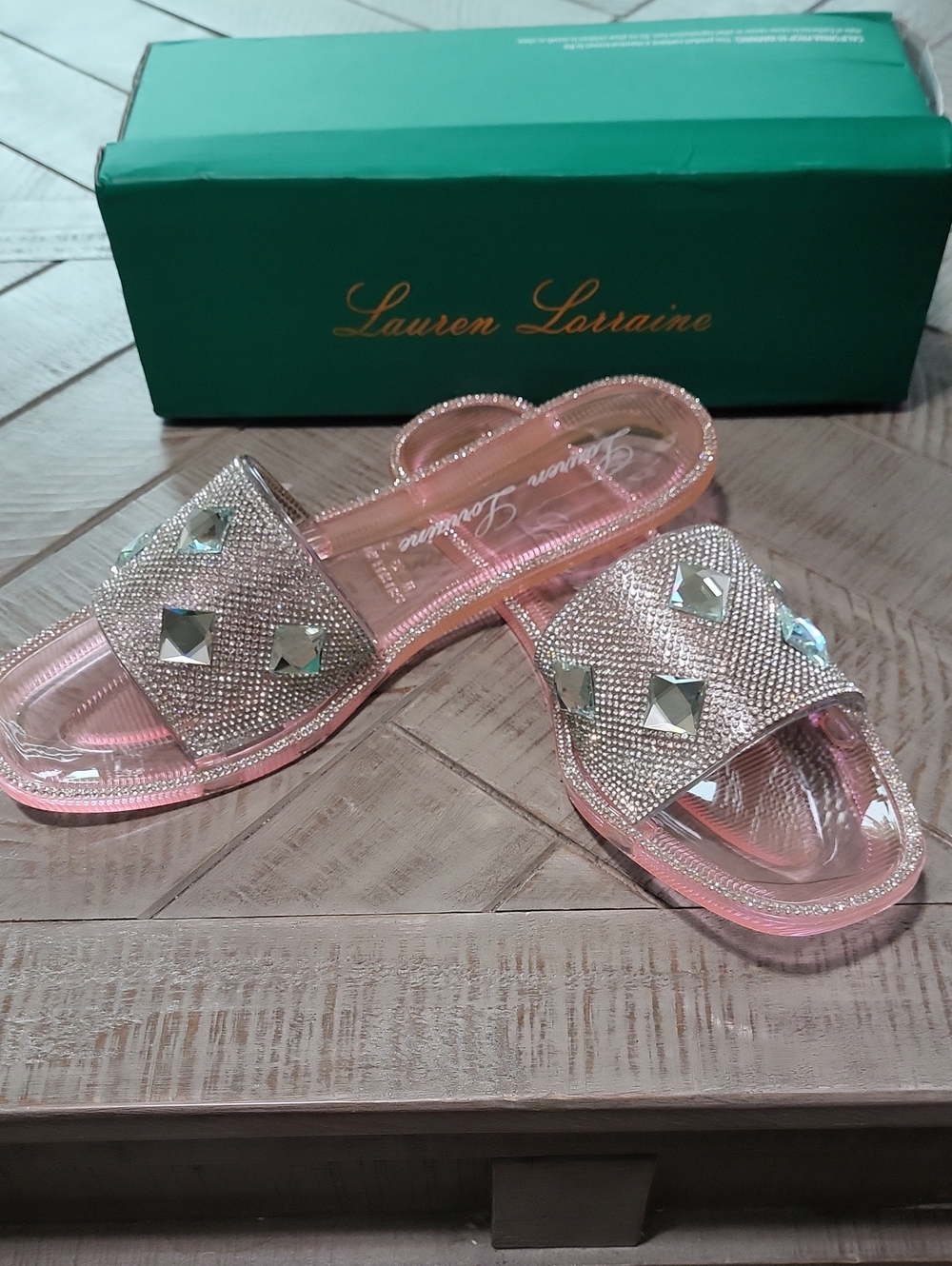 Lauren Lorraine Pink Jeweled Slide Sandals with Clear Soles